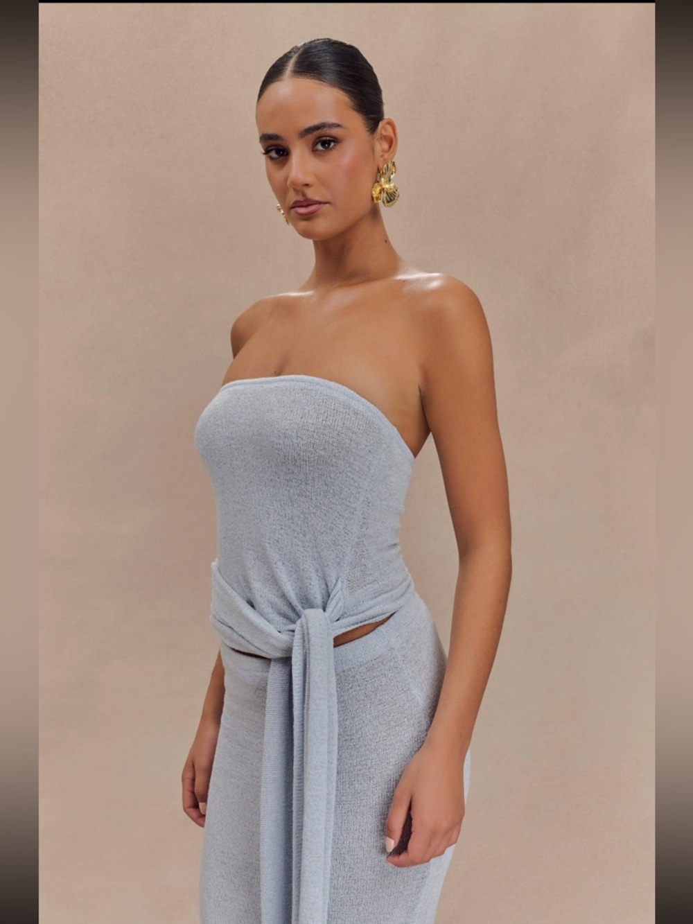 Meshki Phoebe Strapless Tie Knit Top Ice Blue Size S
